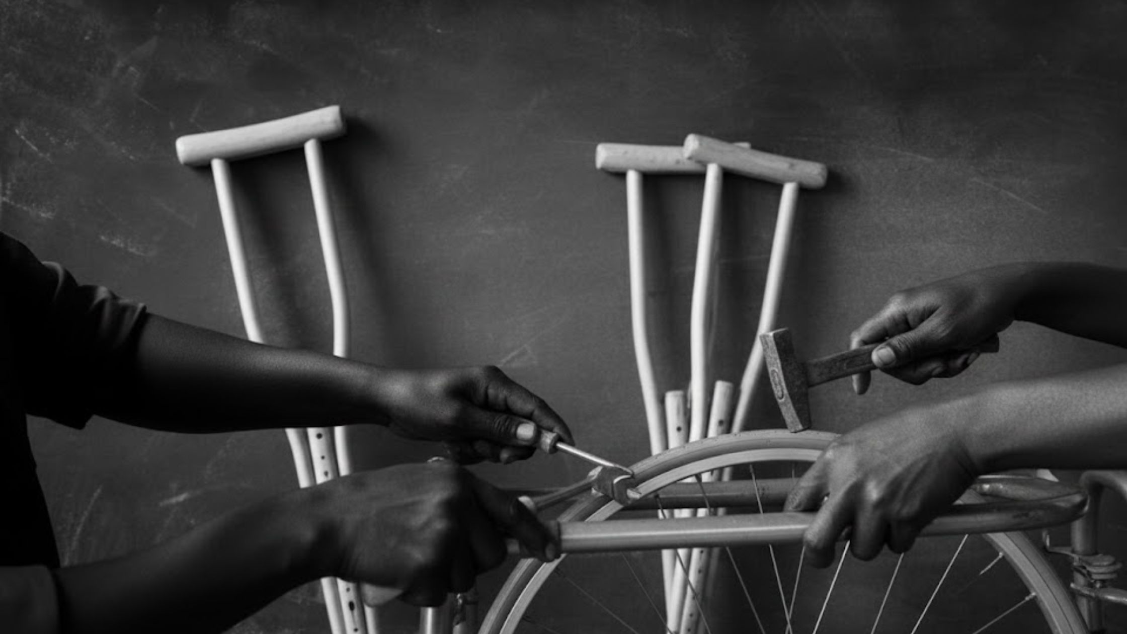 A photograph of African hands working with simple tools or technology, close-up shot emphasizing resourcefulness and innovation, shallow depth of field, dramatic side lighting, clean composition, documentary realism style.