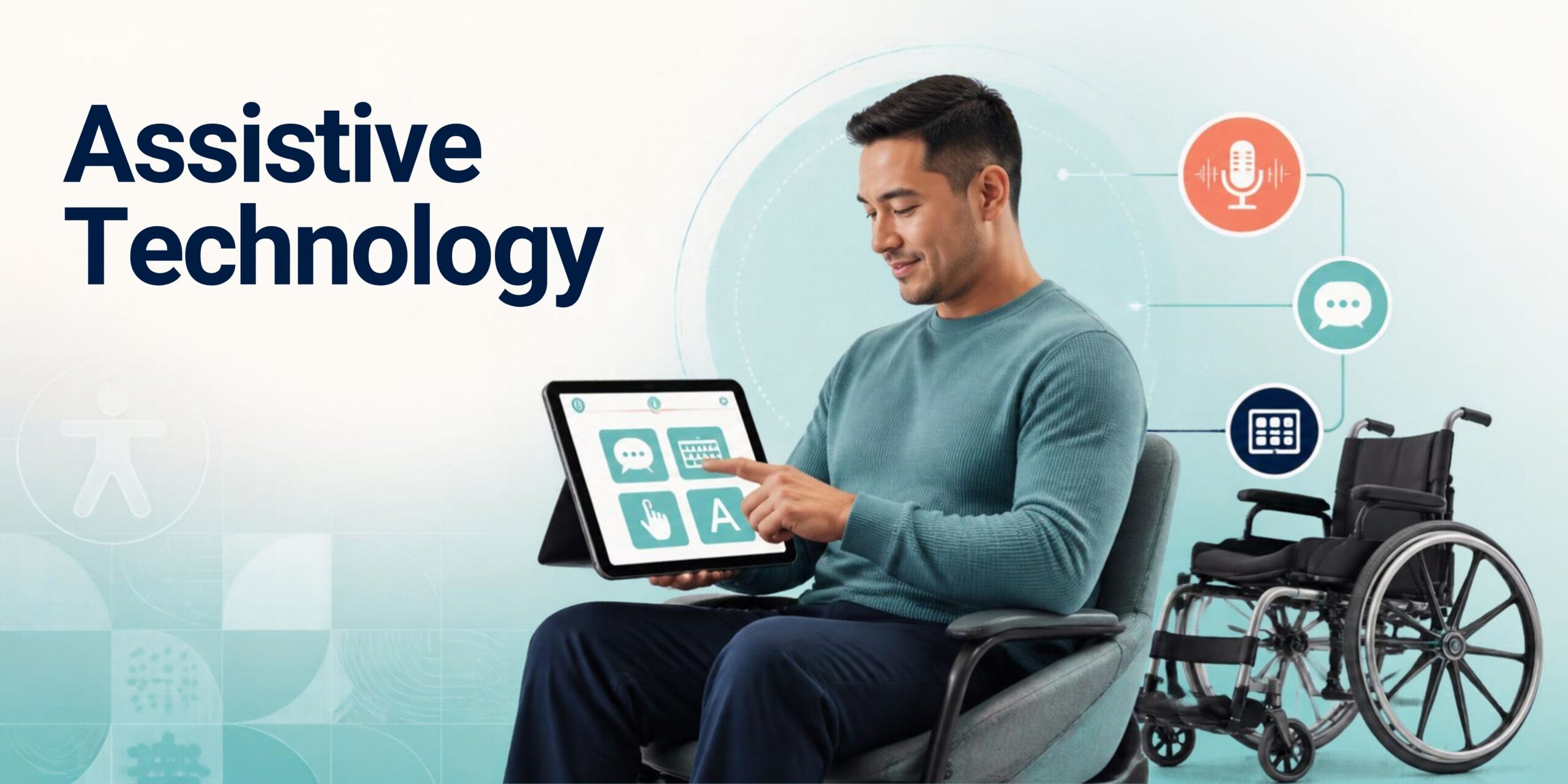 A man sitting with At products as part of the UN resolution on assistive technology