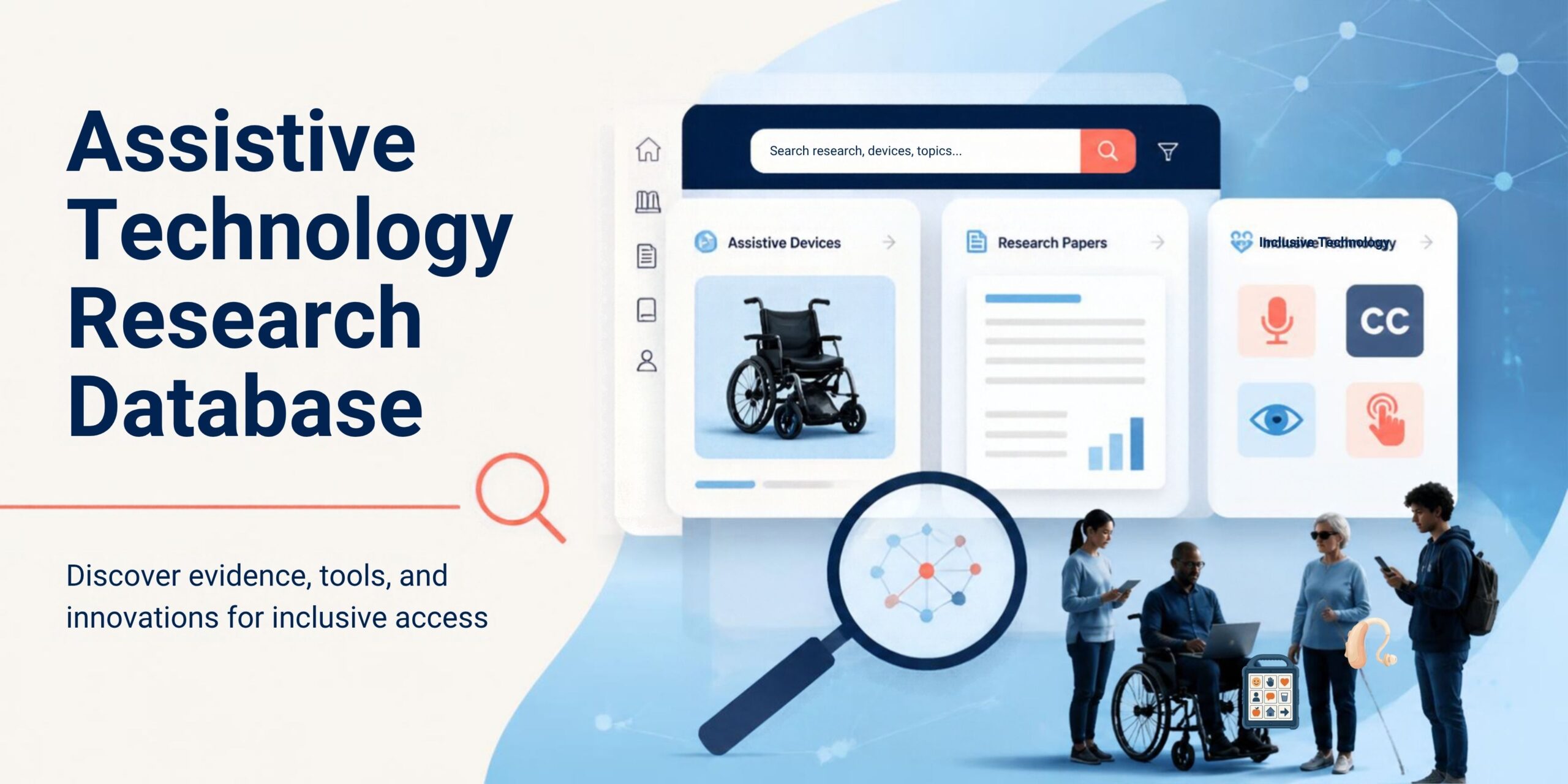 A banner for the Assistive Technology Research Database page showing a man sitting in a wheelchair, a woman walking with sticks and a man and woman holding their phones, part of the Assistive Technology Innovation Wiki.