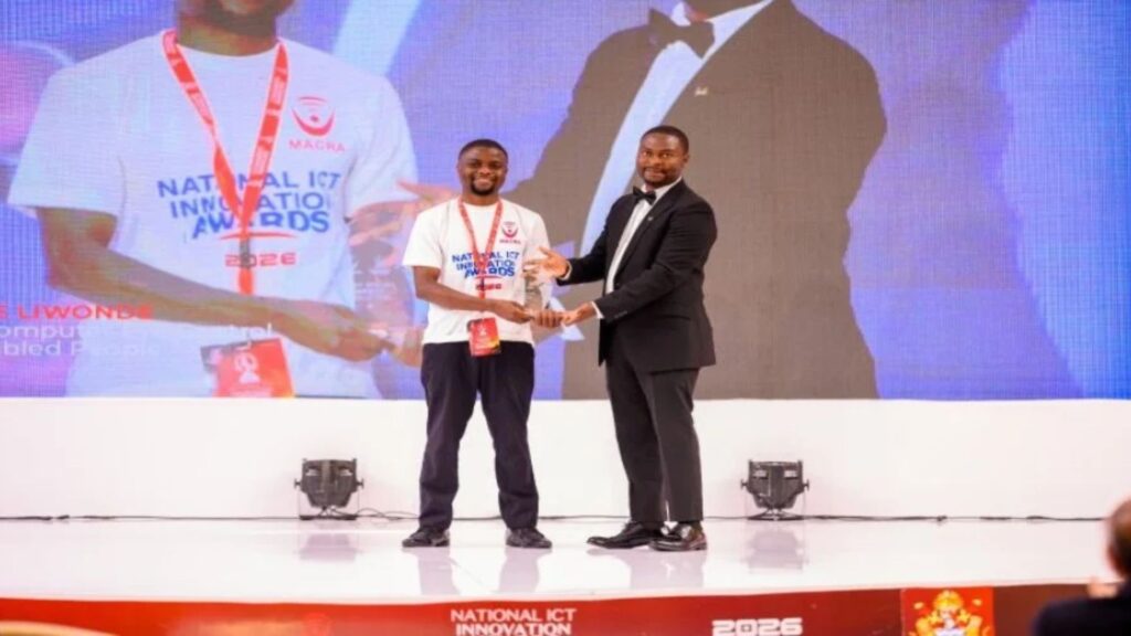In the photo, Chimwemwe Liwonde (left) receives his award for his eye-control assistive technology in Malawi.